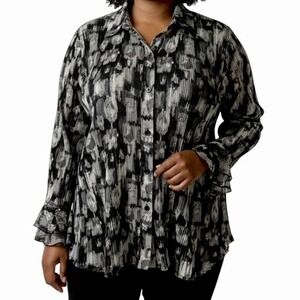 Dressbarn Womens 2X Pleated Button-Down Tunic Shirt Black & White Abstract Print